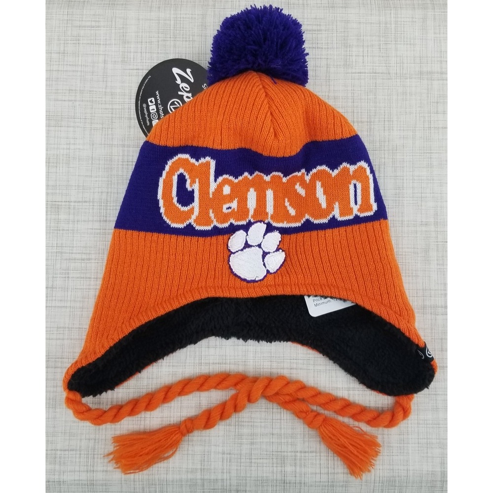 Clemson Tigers Zypher Pom Tassles Hat Cap Beanie Blue Orange NCAA NWT